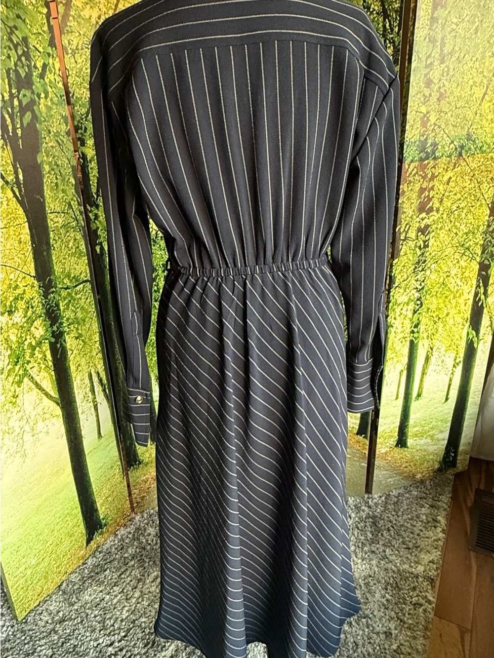 Halston Navy Pinstripe Twist Front Shirt Dress Career Office Midi Size 6 - Picture 3 of 14